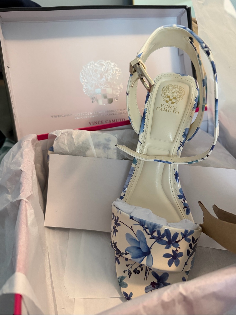 Vince Camuto Cream and Blue Floral Open-Toe Ankle-Strap Heel